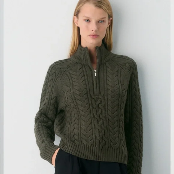 Heritage Knit Merino Wool 1/4 Zip Sweater Dark Olive - Picture 4 of 8